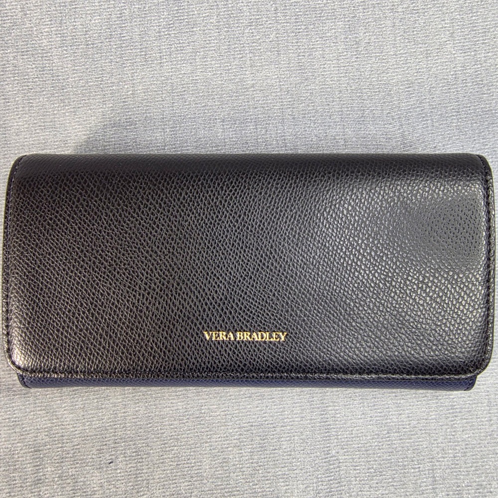 NWOT Vera Bradley Audrey Wallet Women Navy Black Excellent Pebbled Leather‎ RFID